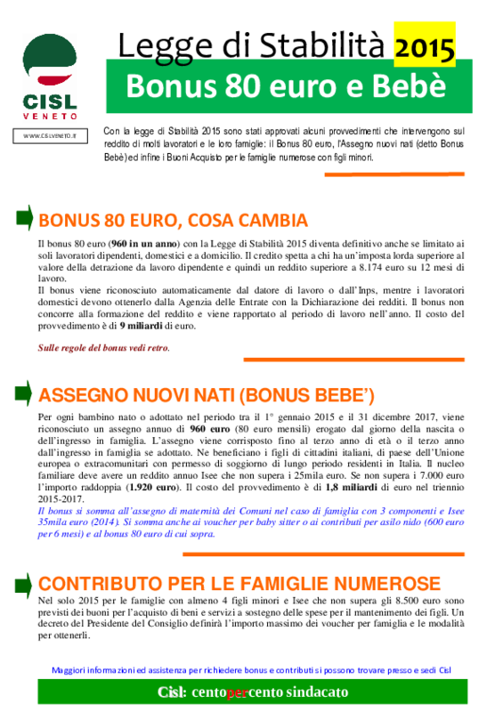 Cisl Veneto - Legge di Stabilità 2015 - bonus lavoratori e famiglie - volantino - gennaio 2015