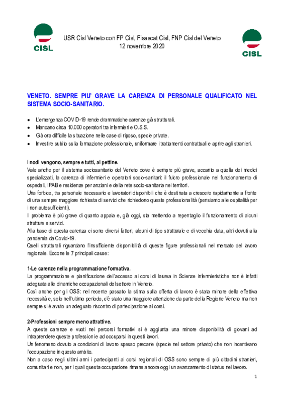 Report Emergenza personale socio-sanitario in Veneto
