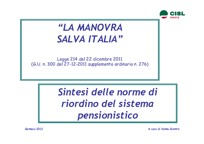 Slides previdenza manovra salva italia