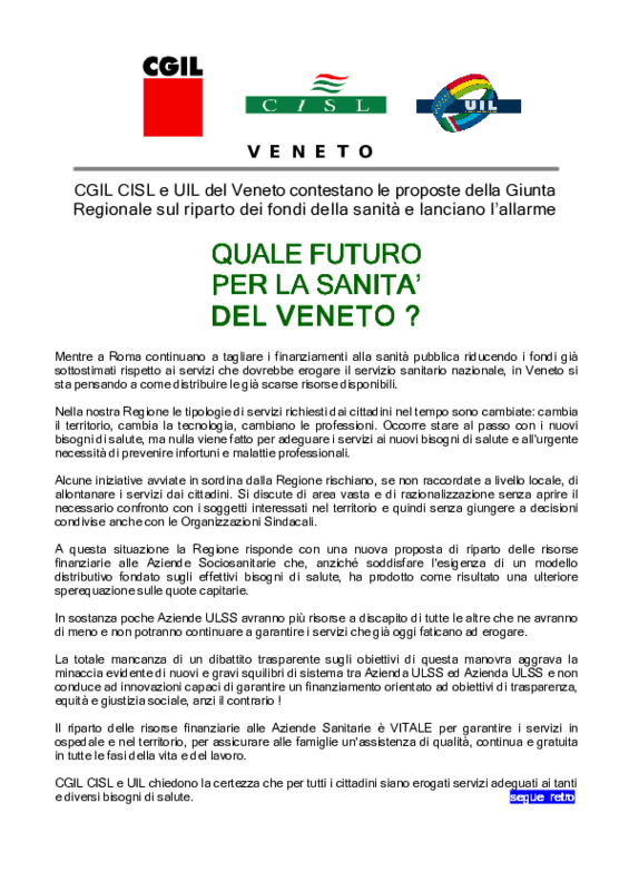 Quale futuro per la sanità nel Veneto. Luglio 2008