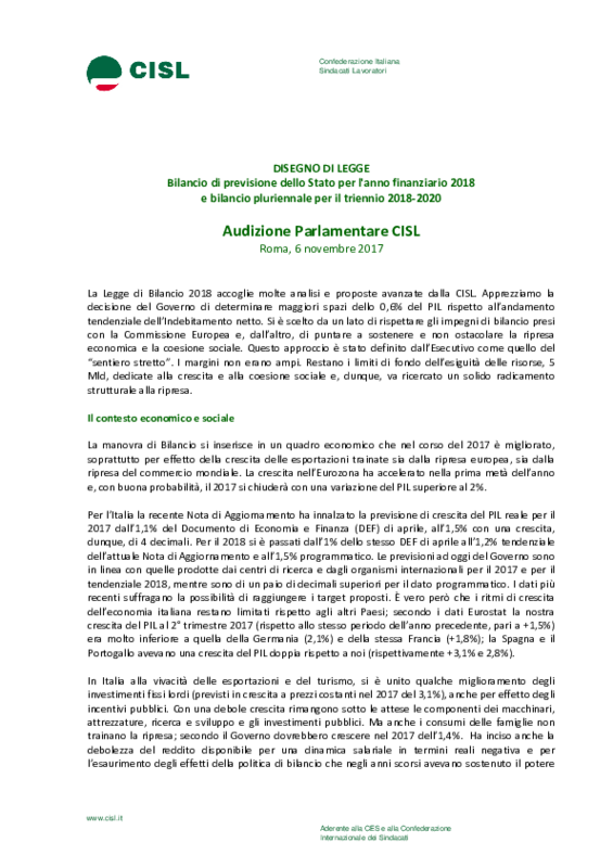 Cisl_Audizione Ddl Bilancio 2018