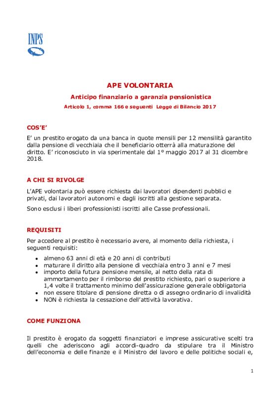 INPS Scheda APE Volontaria