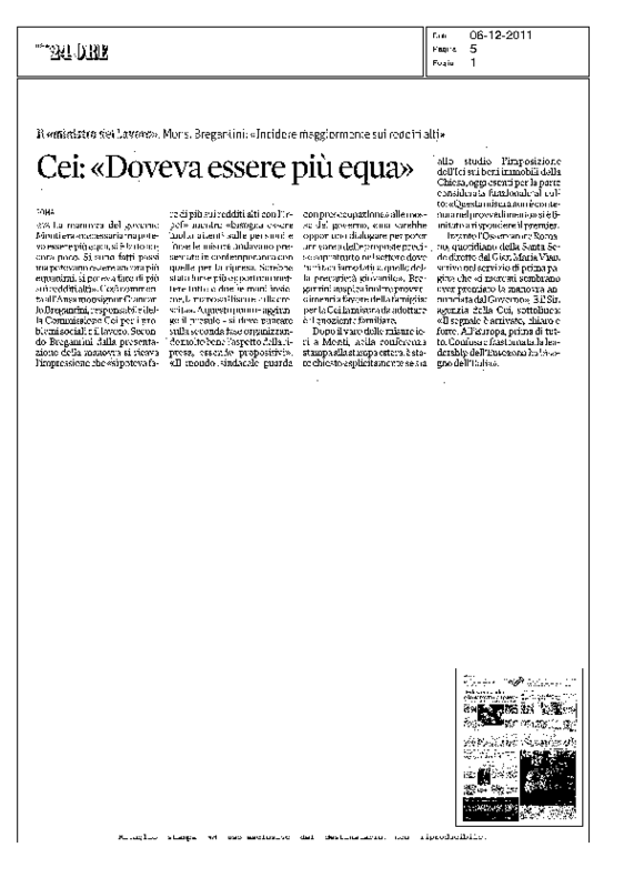 Il Sole24ore del 6-12-2011, intervista Mons Bregantini - CEI