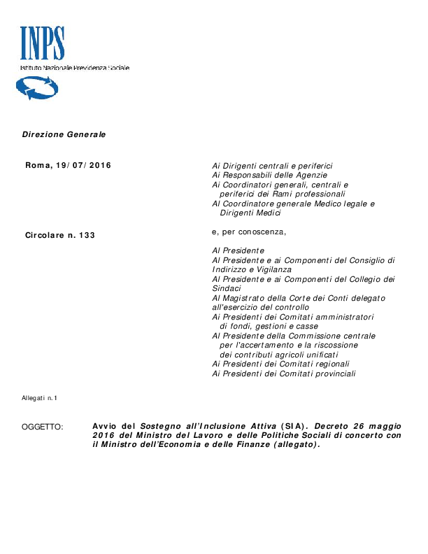 SIA - Circolare Inps 133 del 19 luglio 2016