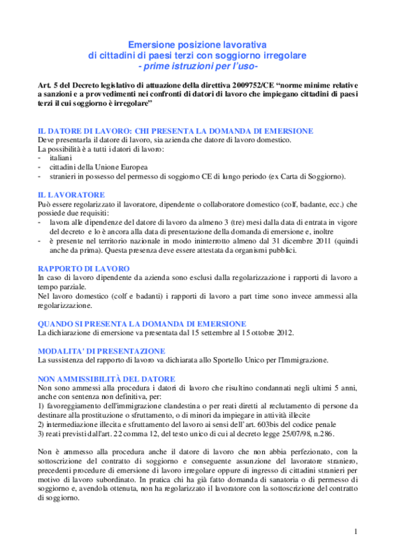 Regolarizzazione stranieri 2012_ prime indicazioni per l'uso. Cisl Veneto