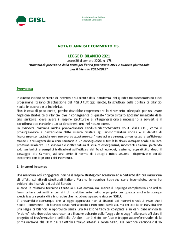 Nota di analisi e commento CISL LEGGE DI BILANCIO 2021