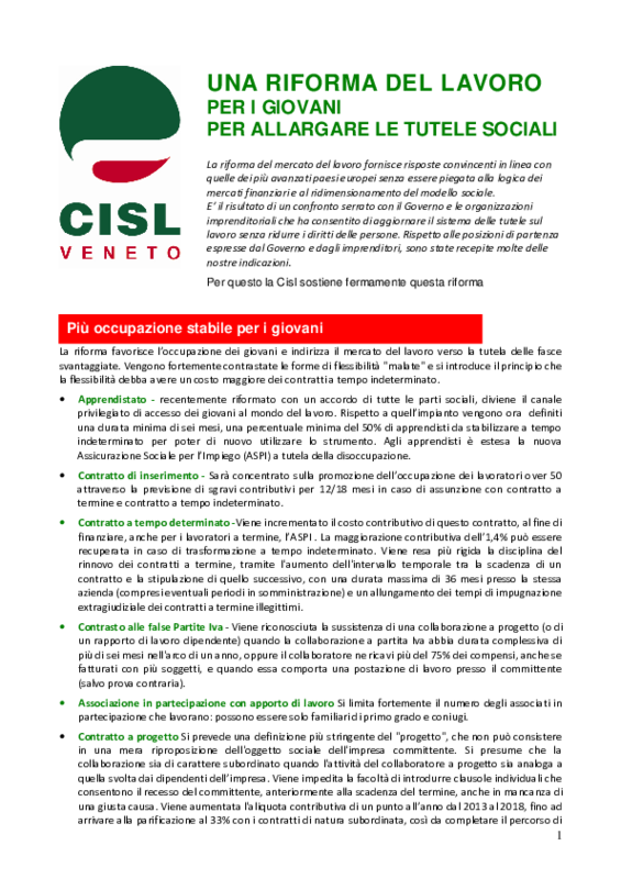 Volantone sulla Riforma Fornero del Mercato del lavoro. Cisl Veneto 26 marzo 2012