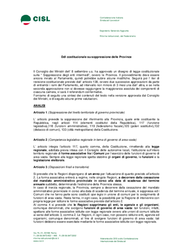 DdL Costituzionale, soppressione province, commento Cisl