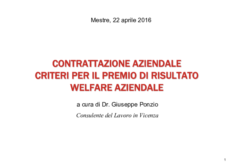 Slides Ponzio - Premi Risultato Welfare - 22 aprile 2016