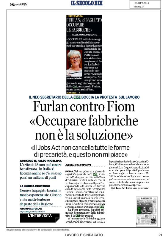Rassegna Stampa su Annamaria Furlan - 17 novembre 2014