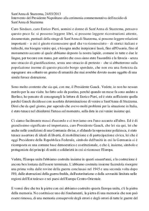 Intervento del Presidente Napolitano commemorazione eccidio di Sant'Anna di Stazzema Marzo 2013