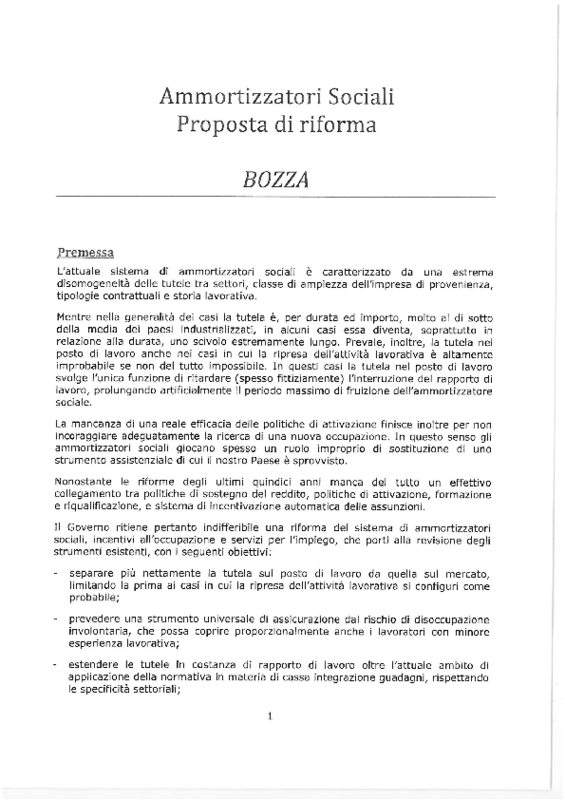 Ammortizzatori sociali, proposta di riforma. Bozza Fornero. 14 marzo 2012