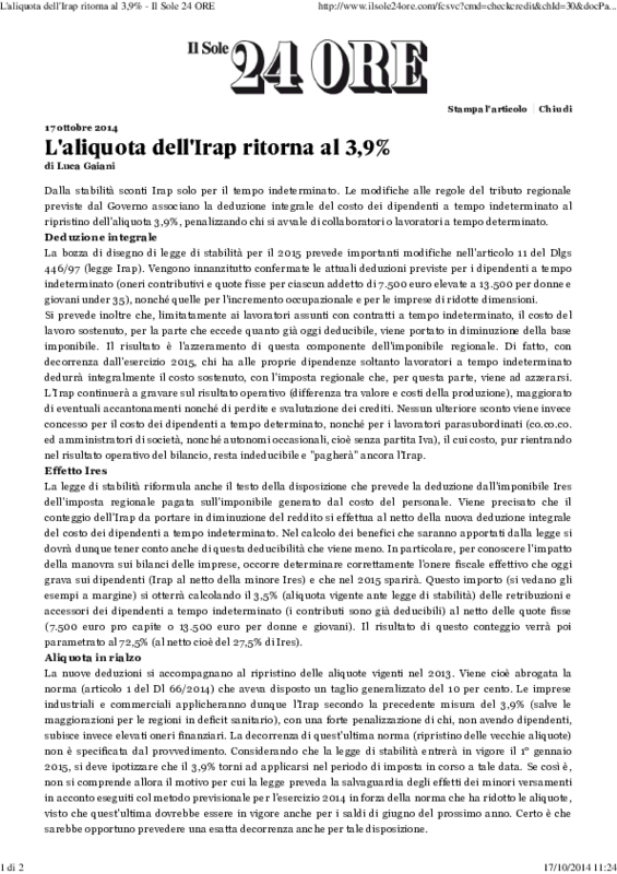 L'aliquota dell'Irap ritorna al 3,9%