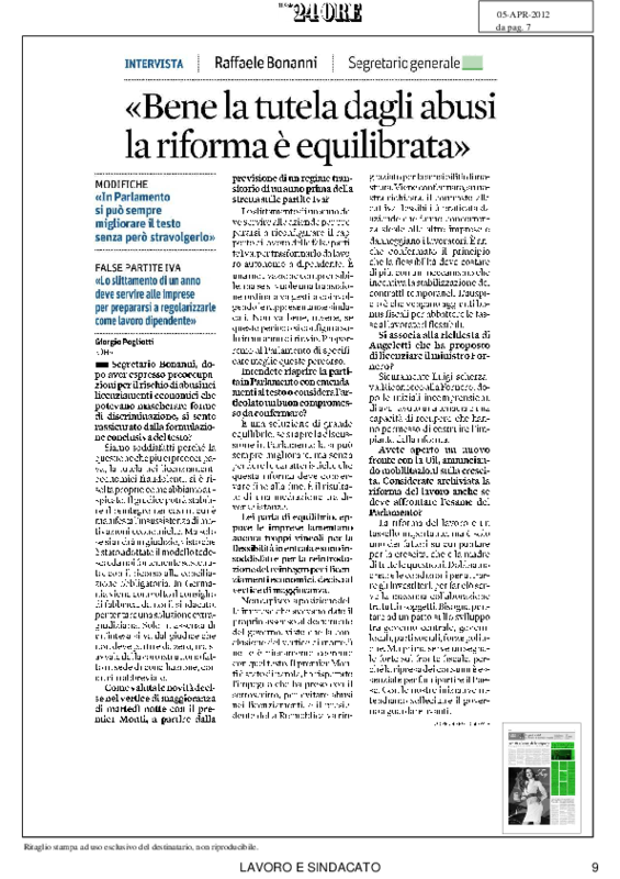 Il Sole 24 Ore- intervista a Raffaele Bonanni. 5 aprile 2012