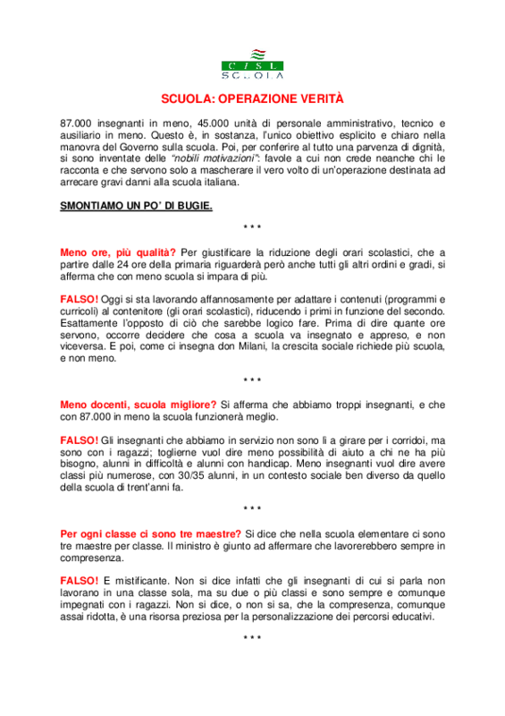 Scuola: operazione verità- a cura di Cisl Scuola 