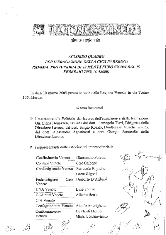 Regione Veneto e Parti Sociali, Accordo Cigs in deroga, Venezia 30 marzo 2009