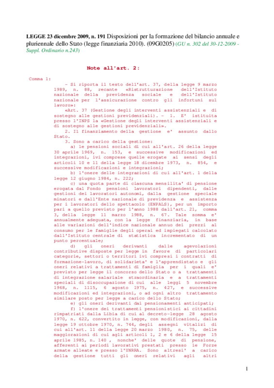 LEGGE 23 dicembre 2009, n. 191: Note all'art. 2