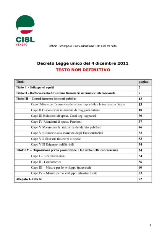DL UNICO 4 dicembre, testo non definitivo