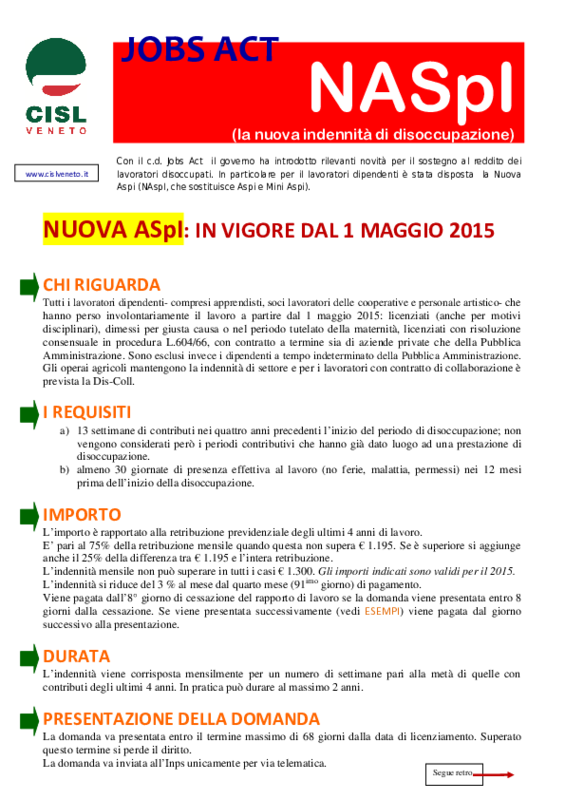Cisl Veneto- Jobs ACt- Nuova ASpI - volantino maggio 2015