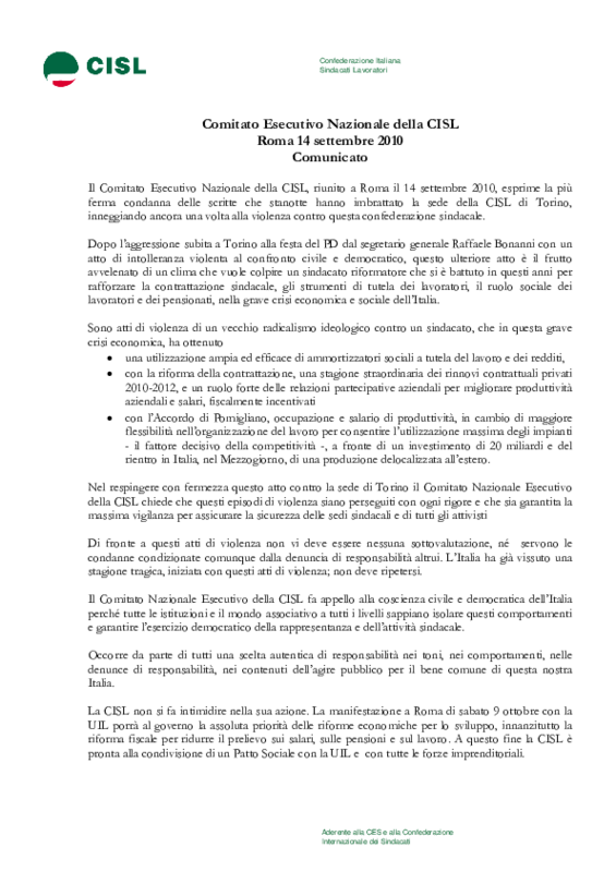 Comunicato Esecutivo Cisl