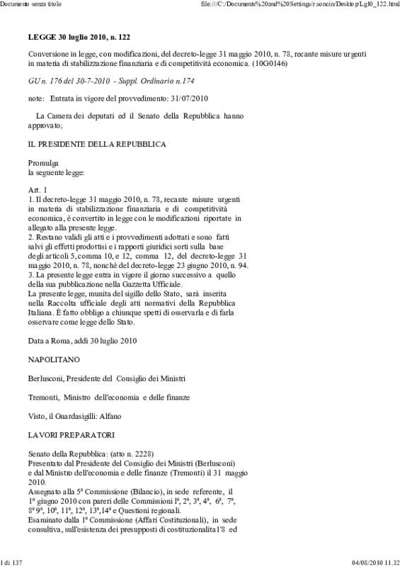 Testo Definitivo Legge 122 2010 Misure Urgenti Di Stabilizzazione Finanziaria Documenti Governo Manovra Correttiva 24 Approfondimenti Cislveneto It Cislveneto It