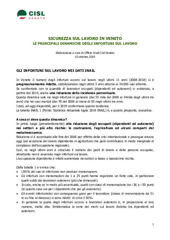 Cisl Veneto_ Infortuni sul lavoro 2008-2018