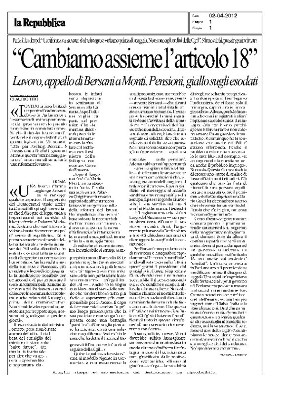 La Repubblica del 2 aprile 2012 Bersani