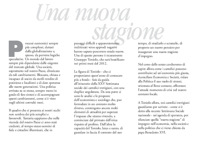 Programma XXV Settimana sociale dei cattolici trevigiani “una nuova stagione”