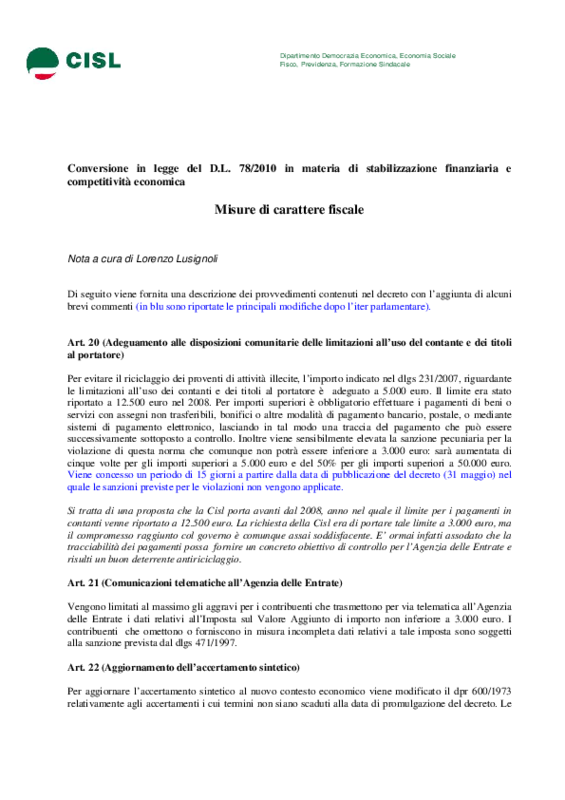 Analisi Cisl su testo finale. La normativa fiscale