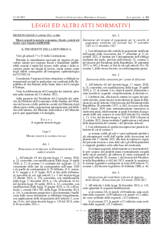 Decreto legge 21 ottobre 2021, n. 146 (GU Serie Generale n.252 del 21-10-2021)