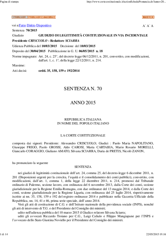 Sentenza Corte Costituzionale n.70/2015