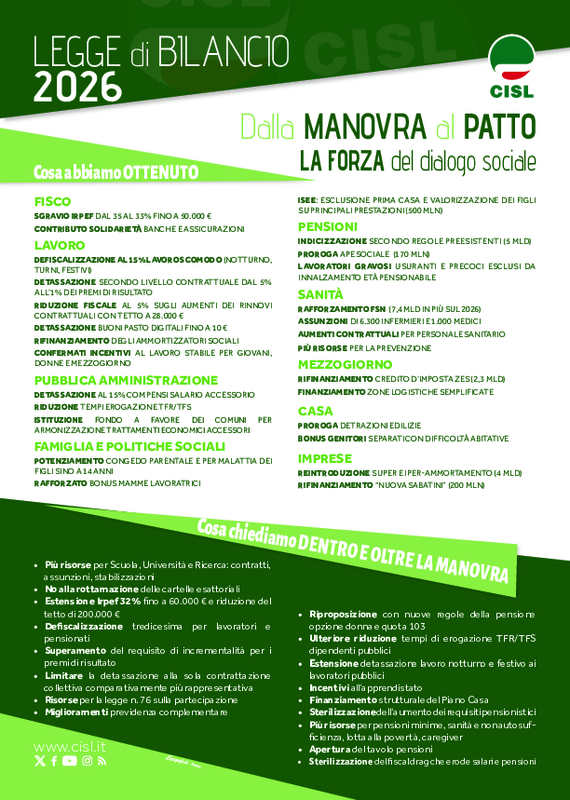 “Dalla Manovra al Patto. La forza del dialogo sociale”: Volantino richieste e priorità di Cisl per la Manovra 