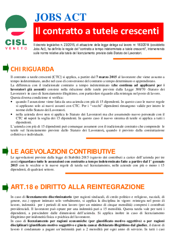 Cisl Veneto - Jobs Act - contratto a tutele crescenti - volantino aprile 2015