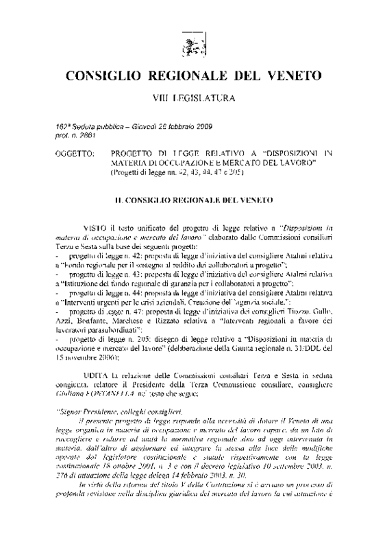 Regione Veneto. Legge sul lavoro. Parte 1