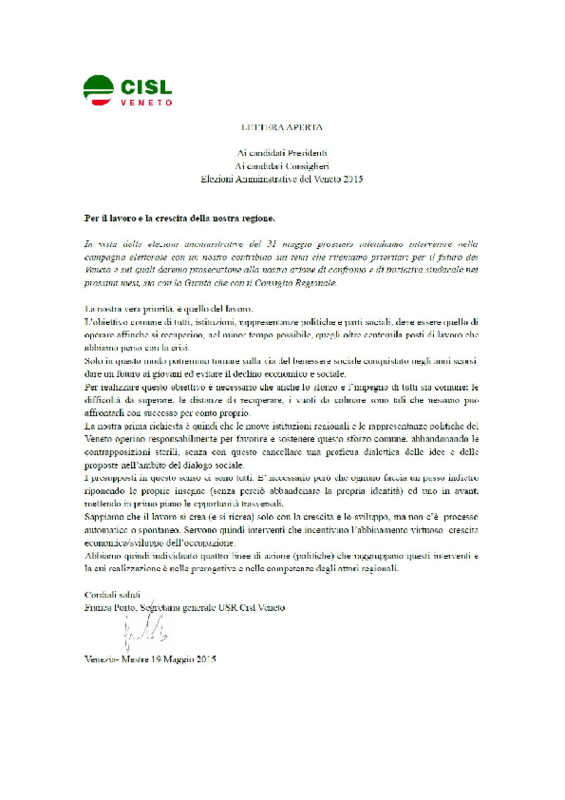 Elezioni 2015 - lettera Zaia