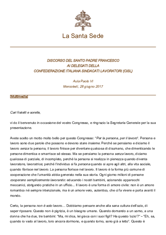 Discorso Papa Francesco ai delegati Cisl_28giugno2017