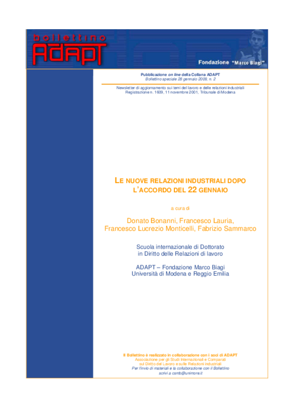 Fondazione M.Biagi - Bollettino Adapt n.2. Le relazioni industriali dopo l'accordo del 22 gennaio