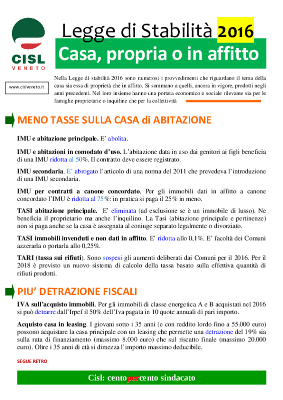 Stabilità 2016 - Casa in proprietà e affitto - Cisl Veneto