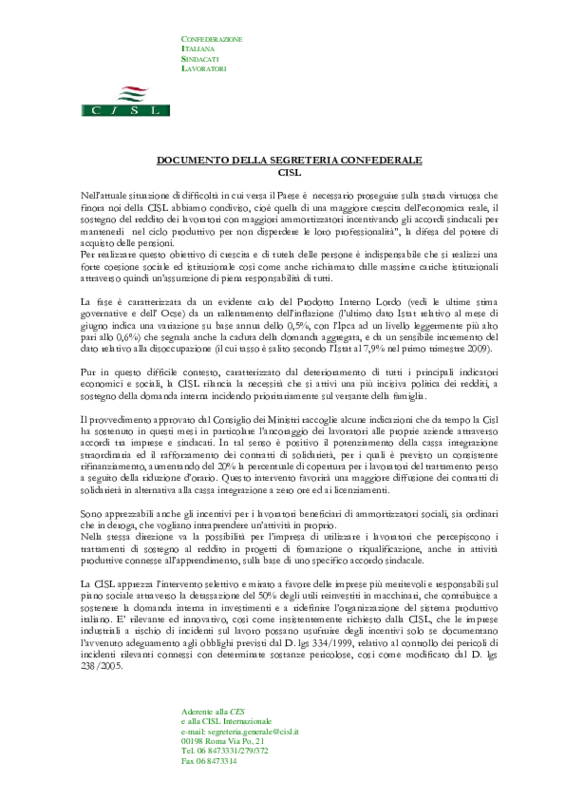 Cisl Confederale. Comunicato sul decreto Misure anticrisi "manovra estate 2009". Roma 30 giugno 2009