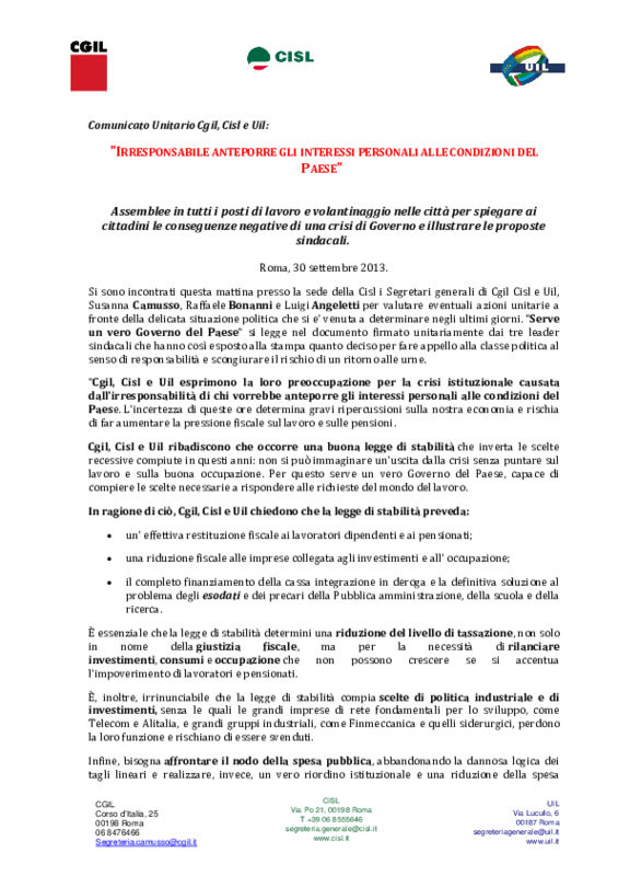 Comunicato Unitario CGIL CISL UIL