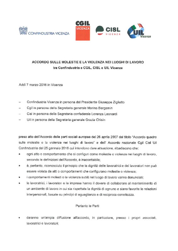 Accordo Confindustria - Cgil Cisl Uil Vicenza contro le molestie e la violenza sui posti di lavoro - 7 marzo 2016