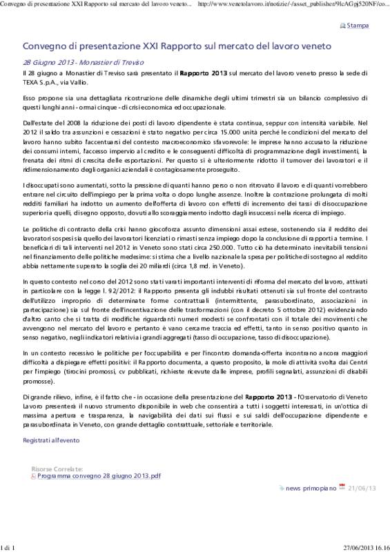 Veneto Lavoro - comunicato stampa - presentazione XXI rapporto di mercato del lavoro veneto
