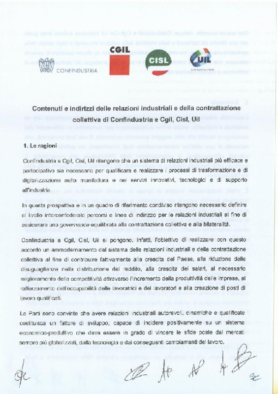 Accordo Cgil Cisl e Uil e Confindustria