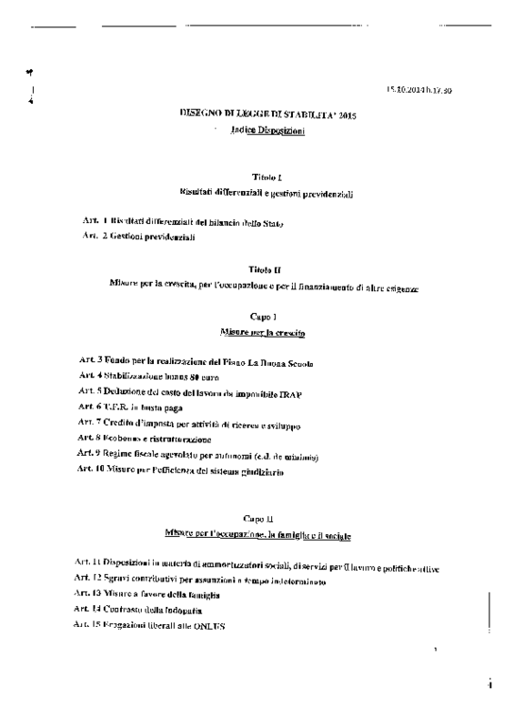 Testo Legge di Stabilità 2015_ Consiglio dei Ministri del 10 ottobre 2014