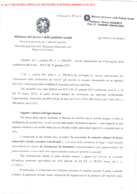 Detassazione salario di produttività circolare Ministero del Lavoro nr15/2013 3 aprile 2013