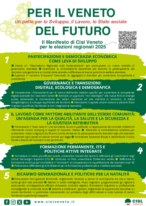 Volantino sintetico del Manifesto di Cisl Veneto per le elezioni regionali 2025
