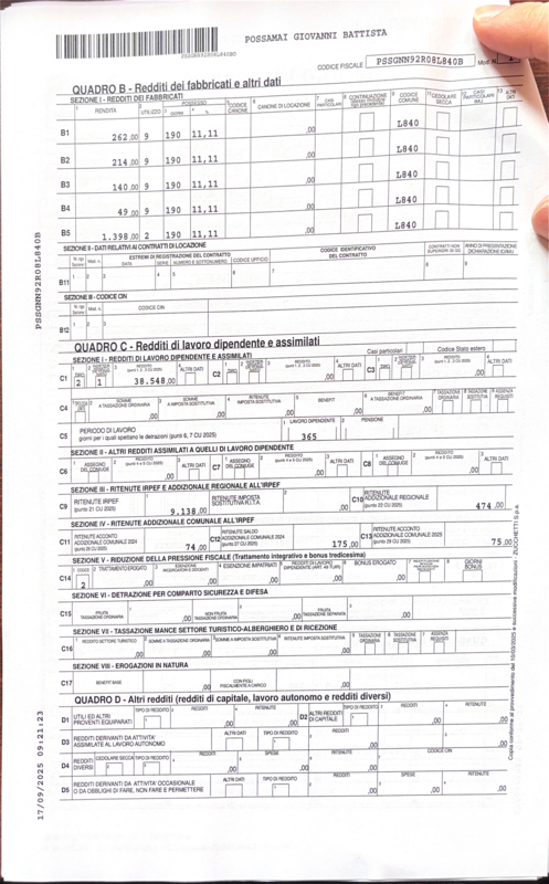 730 Quadro C - Dichiarazione Redditi 2025 Possamai Giovanni Battista