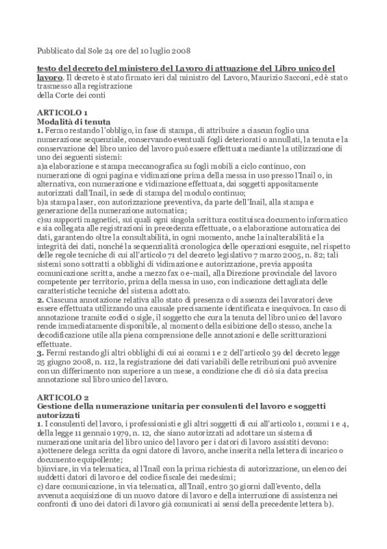 Sole 24 Ore,Testo Decreto Ministro del Lavoro: attuazione art.39 (Libro Unico del lavoro) del DL n.112 del 25 giugno 2008