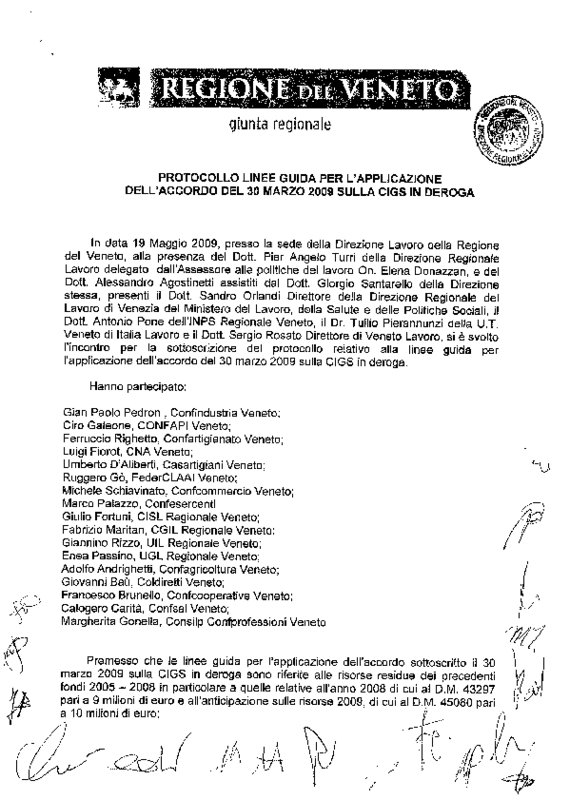 Regione Veneto e Parti Sociali, Protocollo linee guida per l'applicazione dell'accordo del 30 marzo 2009 sulla Cigs in deroga.Venezia 19 maggio