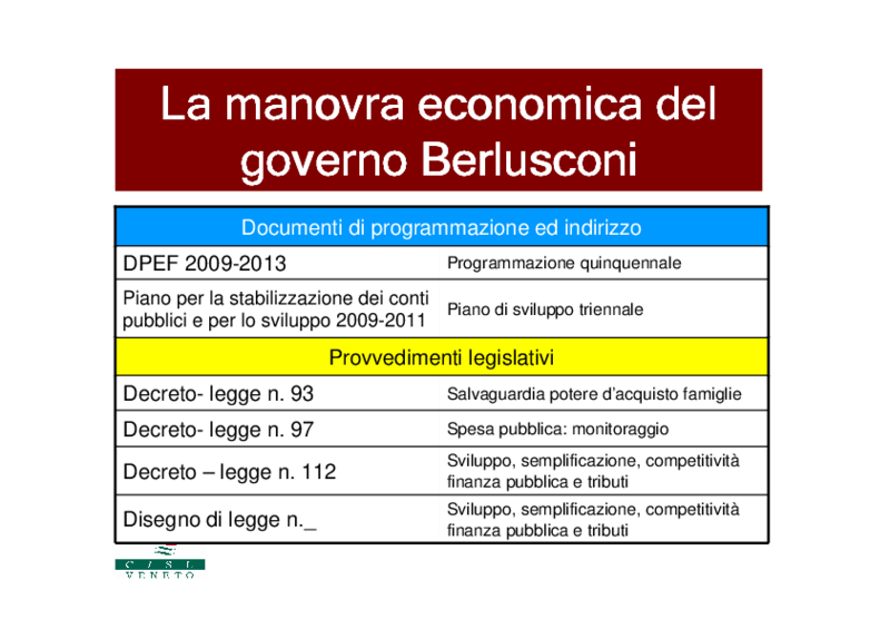 Cisl Veneto, SLIDE su Manovra economica: documenti di programmazione ed indirizzo e provvedimenti legislativi